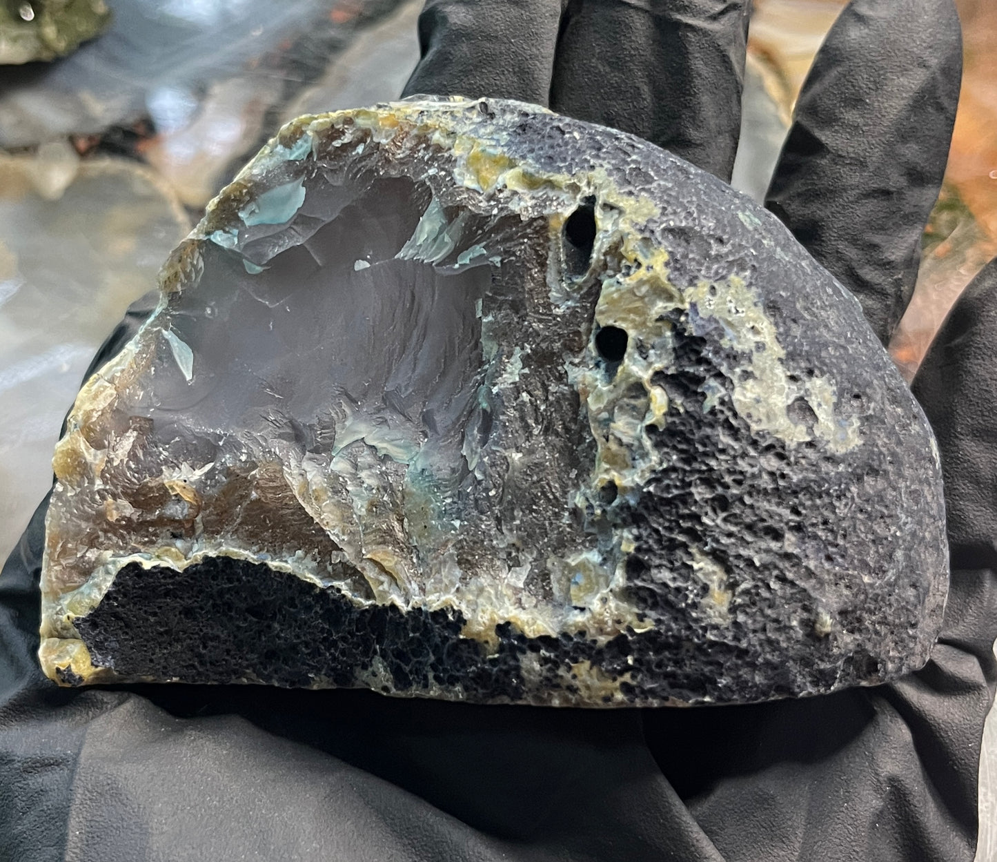 Natural Blue Agate Geode with Cut Base - Polished Agate Slice with Sparkling Quartz Crystal Center Druzy