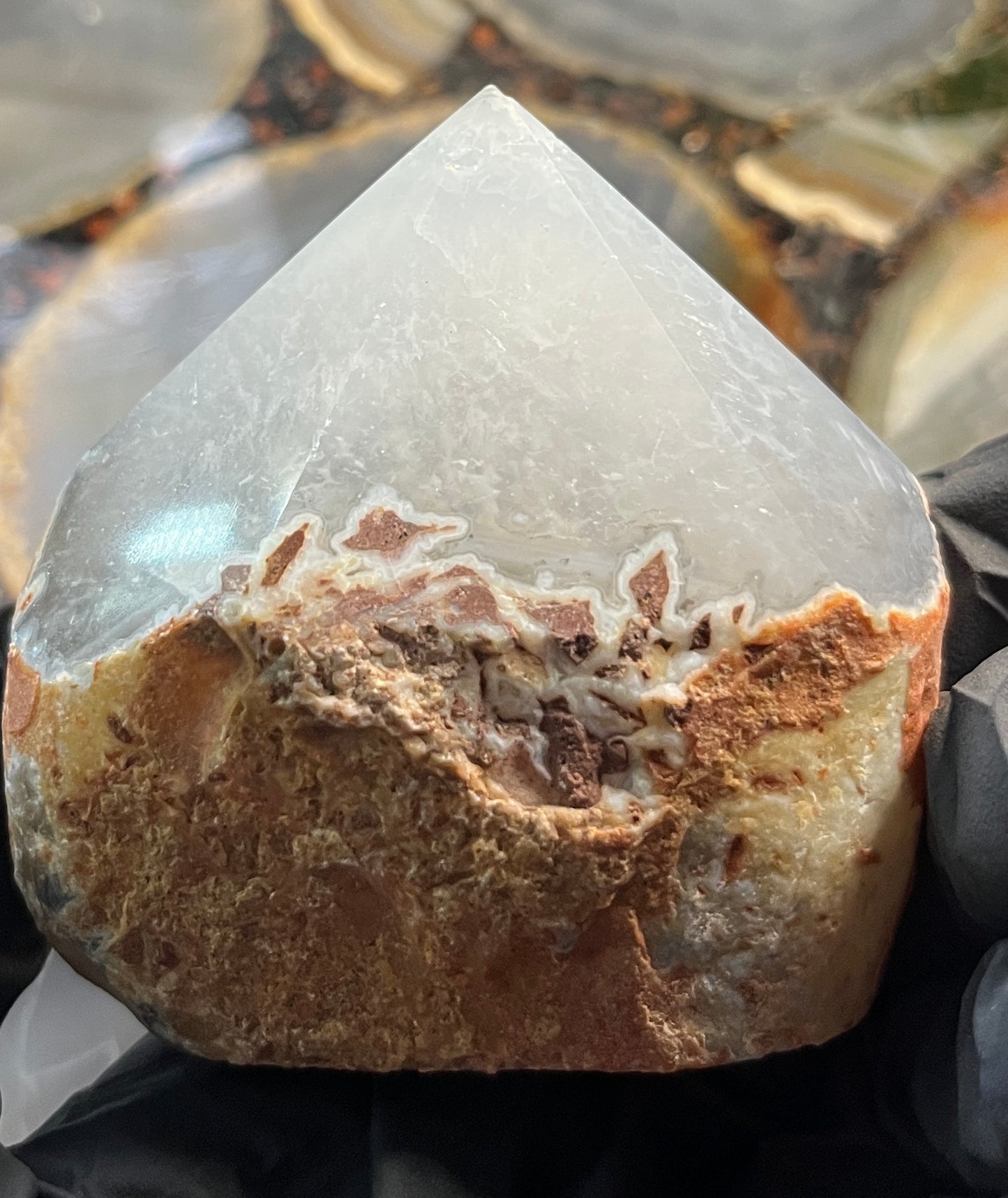 Natural Agate Point with Raw Matrix – Translucent White Agate Crystal Tower – Earthy Rooted Agate Specimen – Polished Tip Crystal Decor