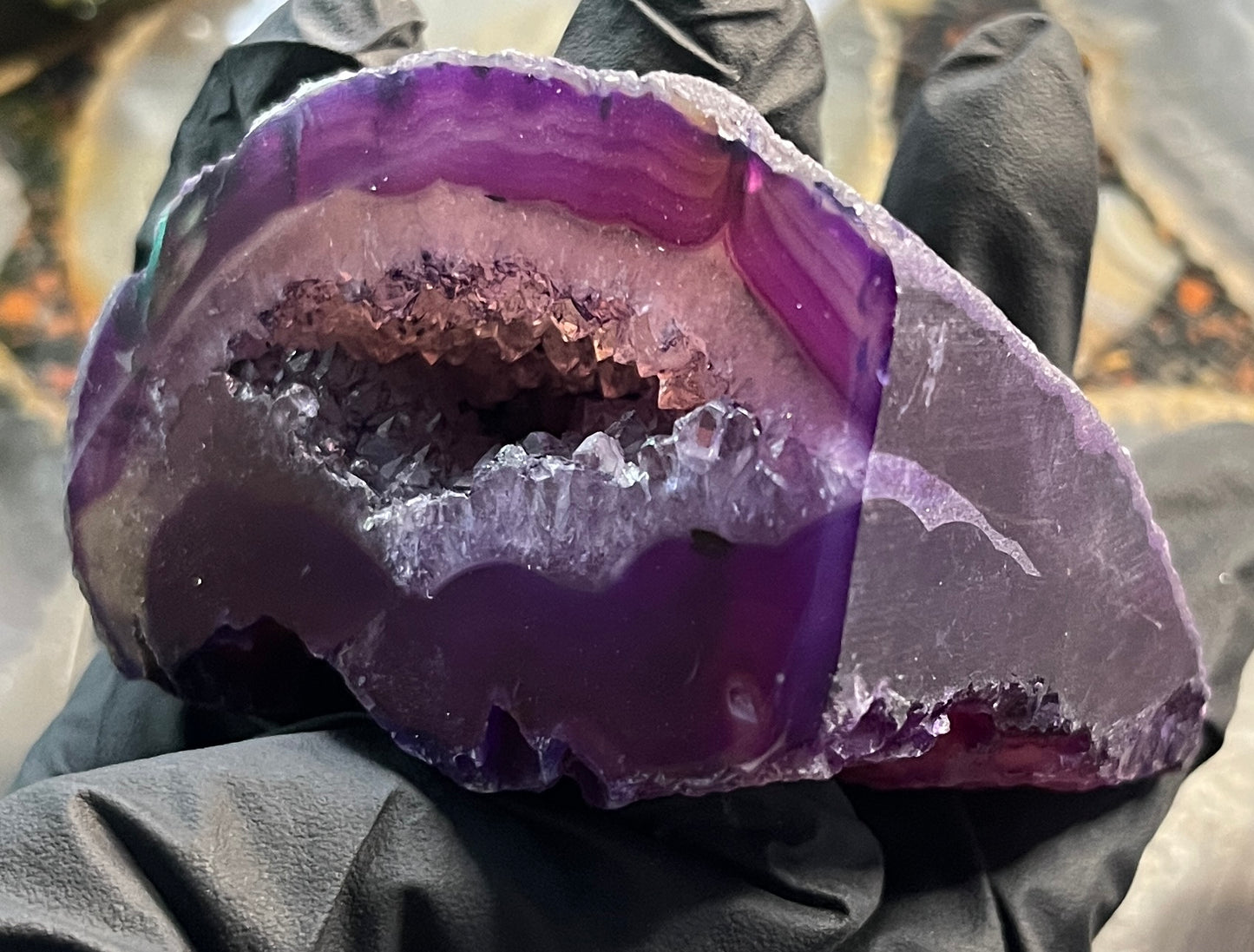 Deep Purple Agate Geode with Cut Base - Vibrant Amethyst-Tone Banded Agate - Polished Crystal Cluster with Druzy Center