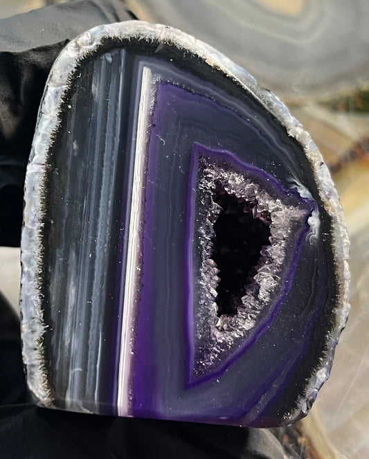 Deep Purple Agate Geode with Cut Base - Vibrant Banded Agate - Polished Crystal Cluster with Druzy Center