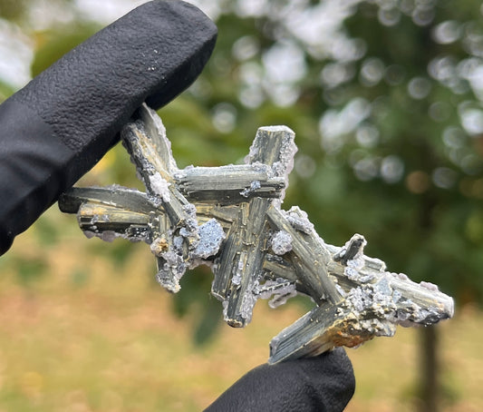 Stibnite with Fluorite Cluster | UV Reactive Crystal Specimen | Fluorescent Mineral