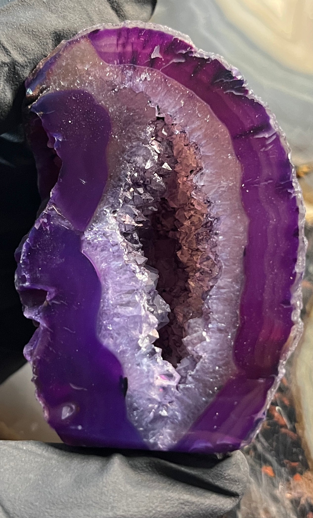 Deep Purple Agate Geode with Cut Base - Vibrant Amethyst-Tone Banded Agate - Polished Crystal Cluster with Druzy Center