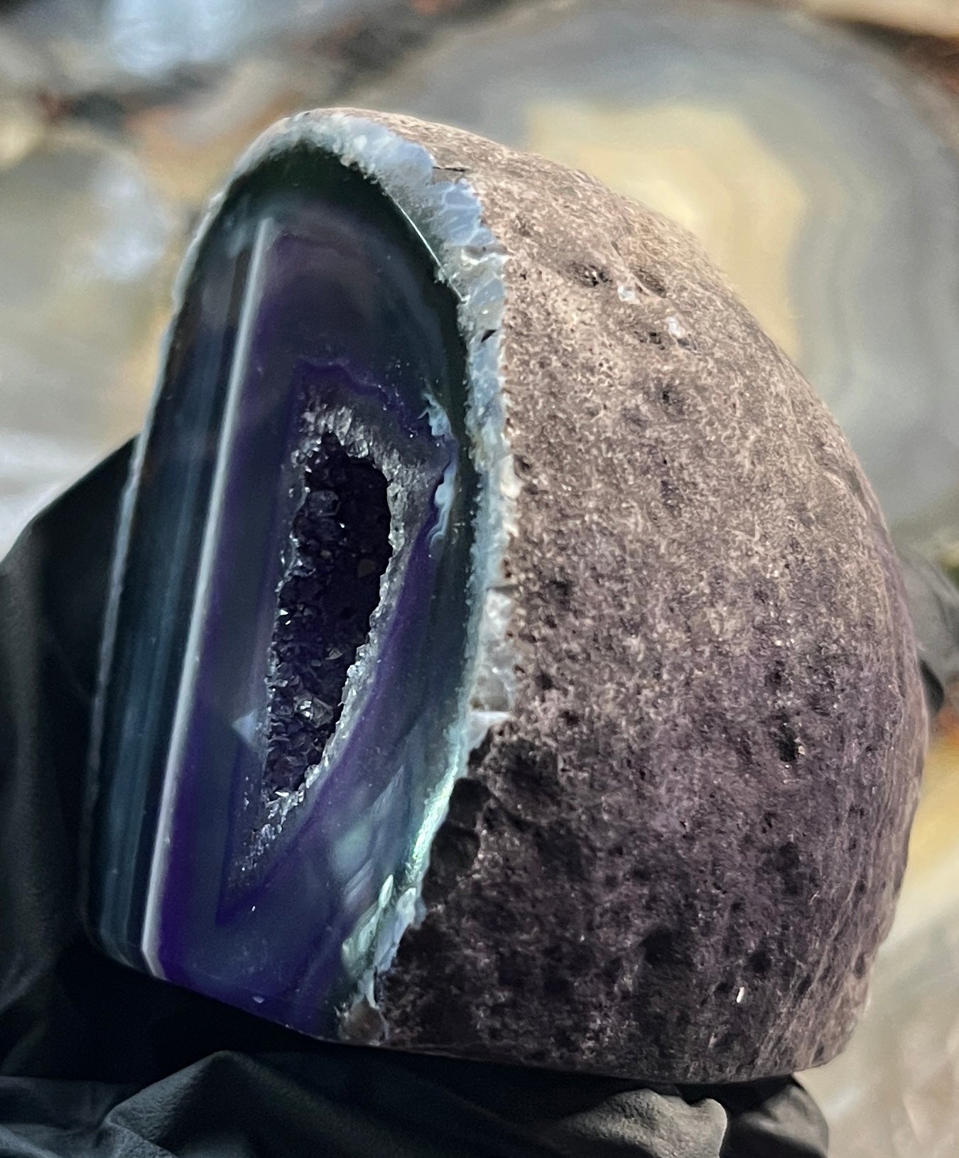 Deep Purple Agate Geode with Cut Base - Vibrant Banded Agate - Polished Crystal Cluster with Druzy Center