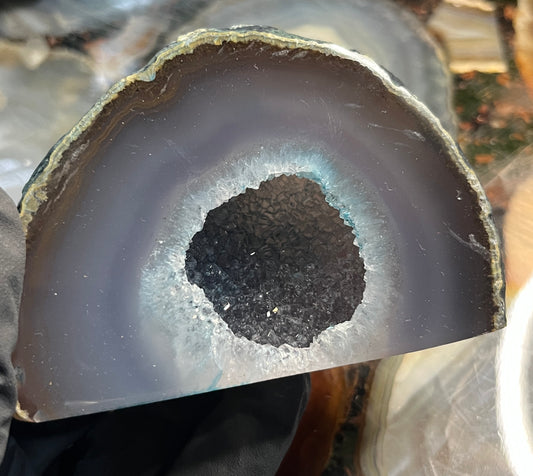 Natural Blue Agate Geode with Cut Base - Polished Agate Slice with Sparkling Quartz Crystal Center Druzy