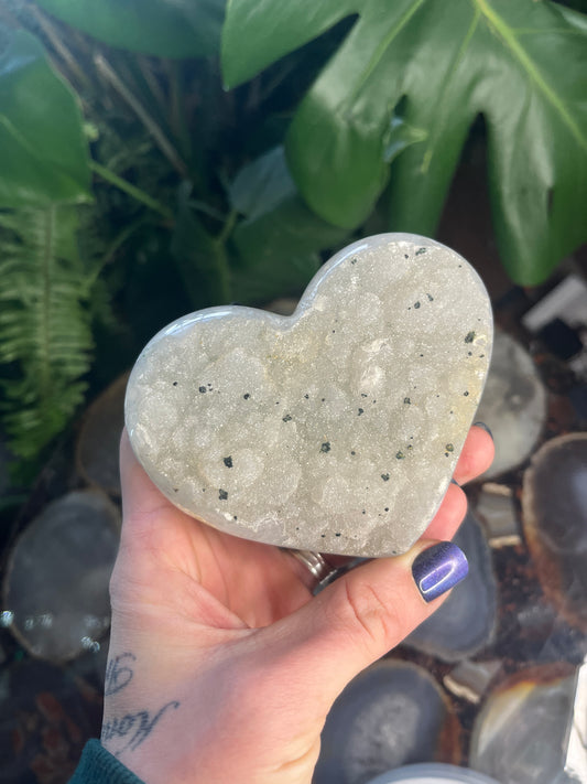 Green Amethyst (Prasiolite) Druzy Heart | Polished Crystal Carving for Home Decor & Heart Chakra Healing