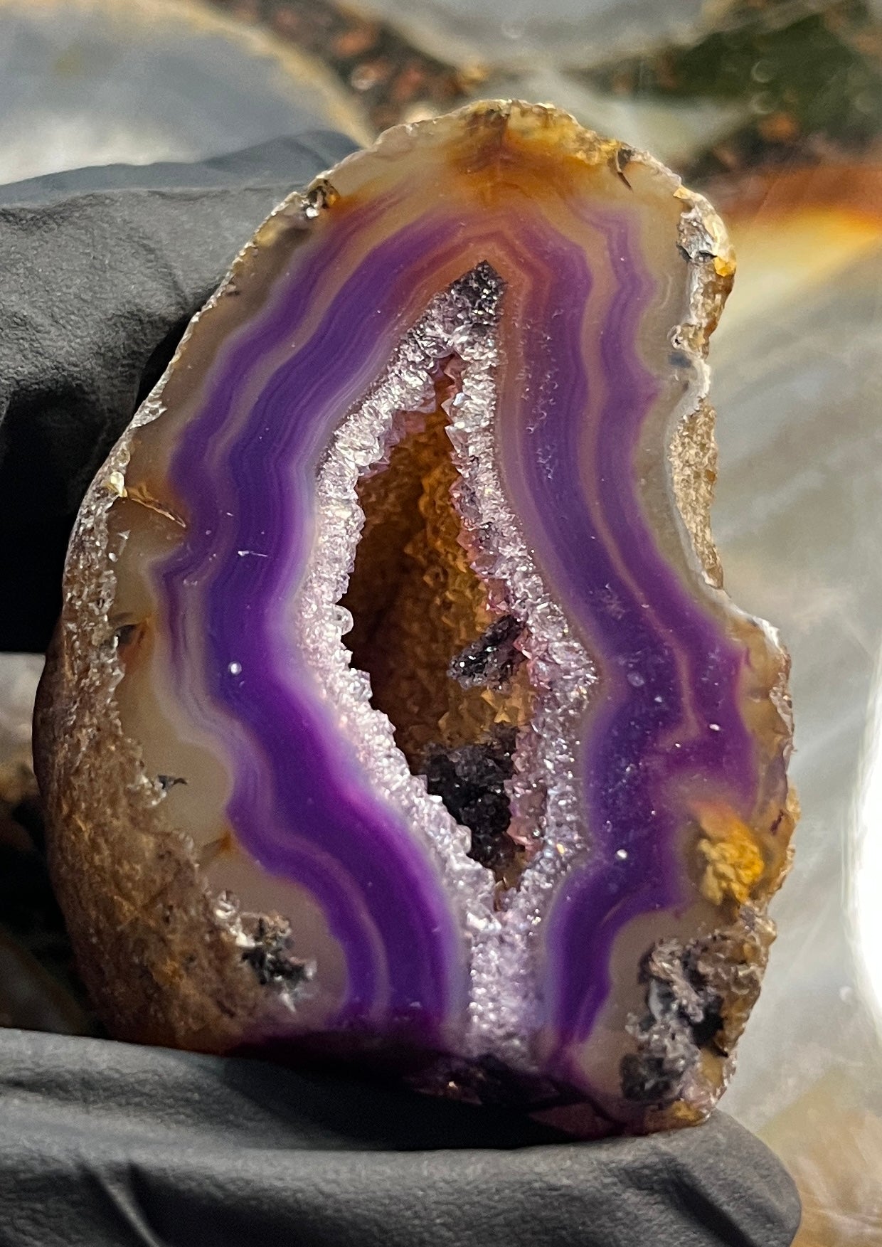 Purple Agate Geode with Cut Base - Vibrant Amethyst-Tone Banded Agate - Polished Crystal Cluster with Druzy Center
