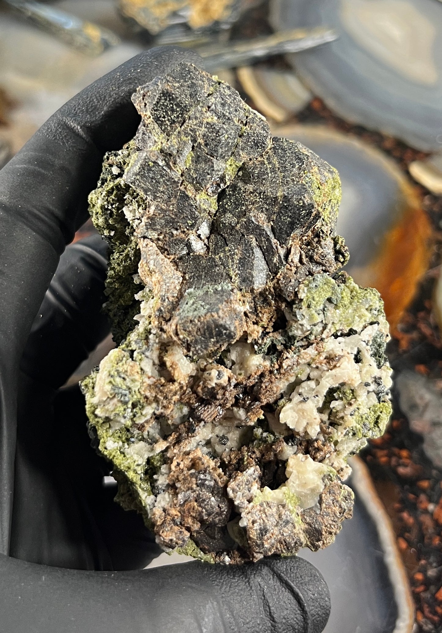 Raw Garnet on Epidote Specimen - Natural Dark Burgundy Andradite Garnet Cluster in Green Epidote Matrix - Grounding & Manifestation Crystal - Rare Mineral Specimen