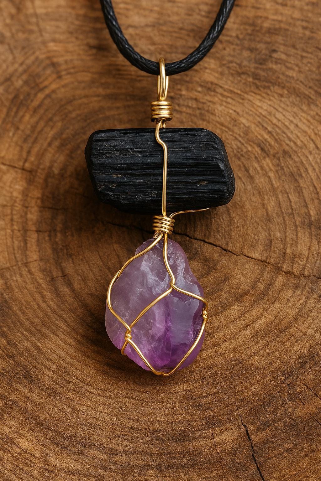Black Tourmaline & Amethyst Wire Wrapped Pendant – Natural Healing Crystal Necklace for Protection  Spiritual Balance
