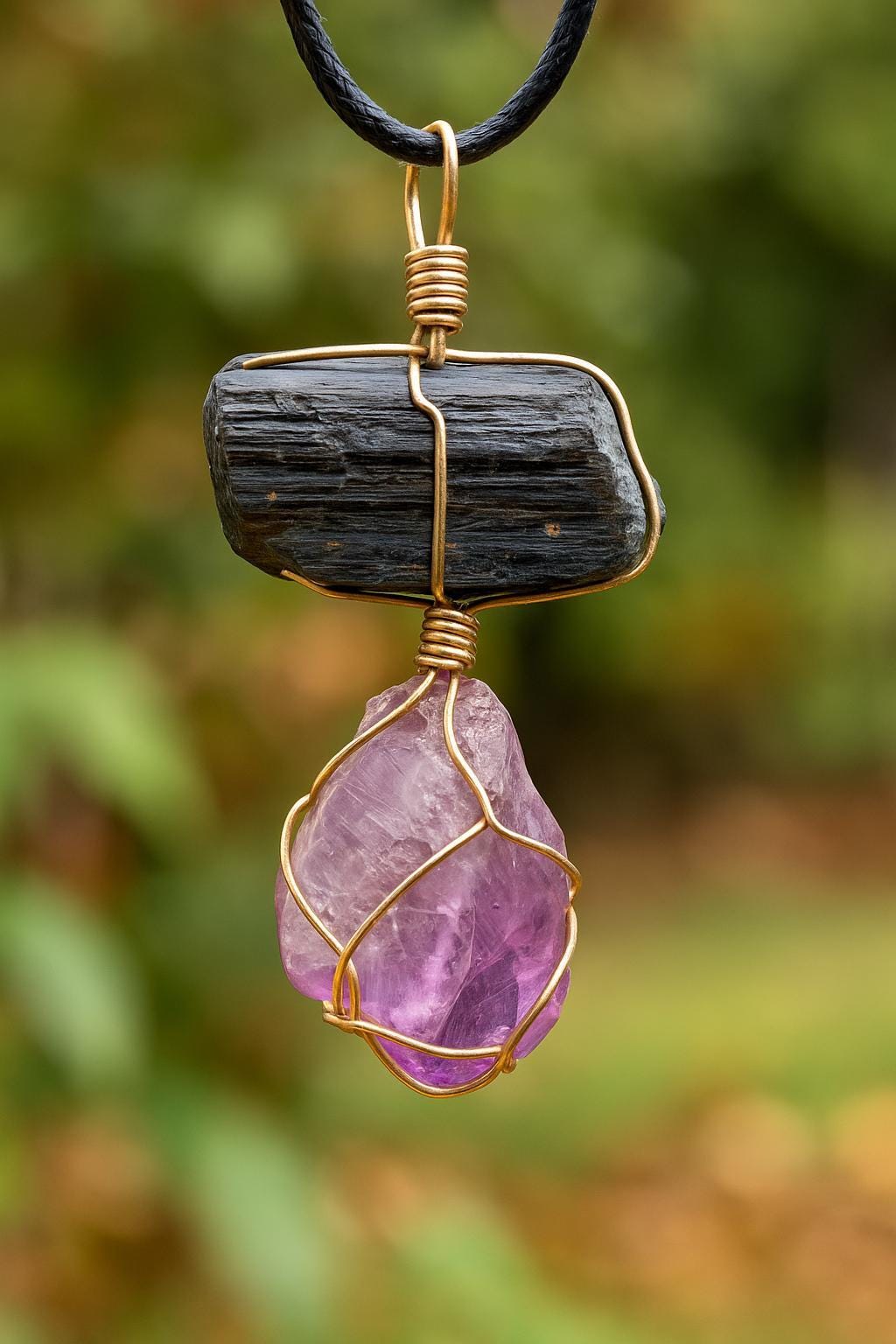 Black Tourmaline & Amethyst Wire Wrapped Pendant – Natural Healing Crystal Necklace for Protection  Spiritual Balance
