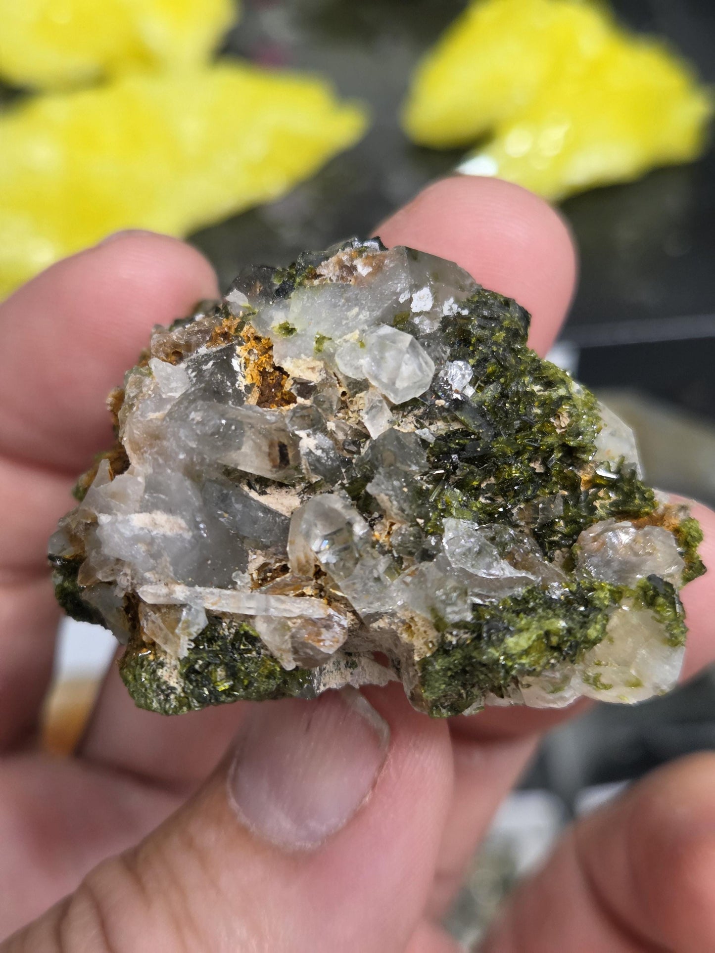 Rare Forest Epidote with Druzy Quartz – Sparkling Green Growth Crystal