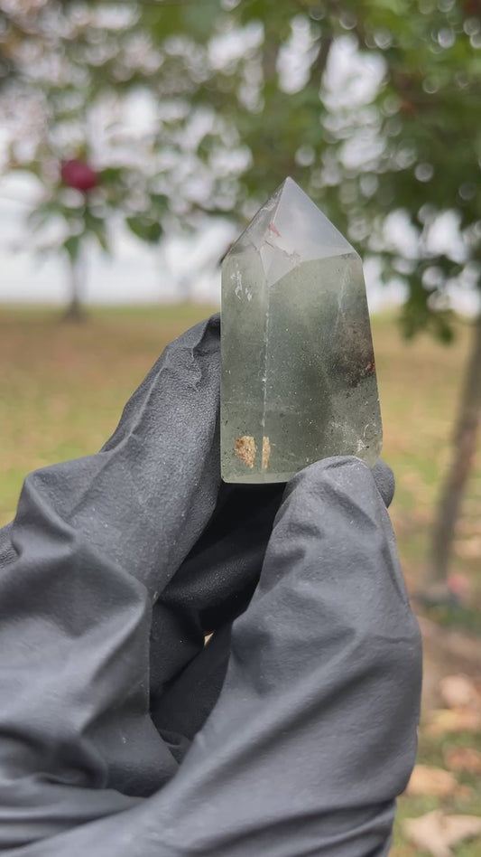 Clear Garden Quartz Tower | Lodolite Quartz Point | Natural Earth Inclusion Crystal | Chlorite & Hematite Mineral Specimen