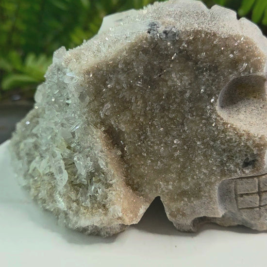 Druzy Quartz on Sphalerite hand-carved crystal skull - video
