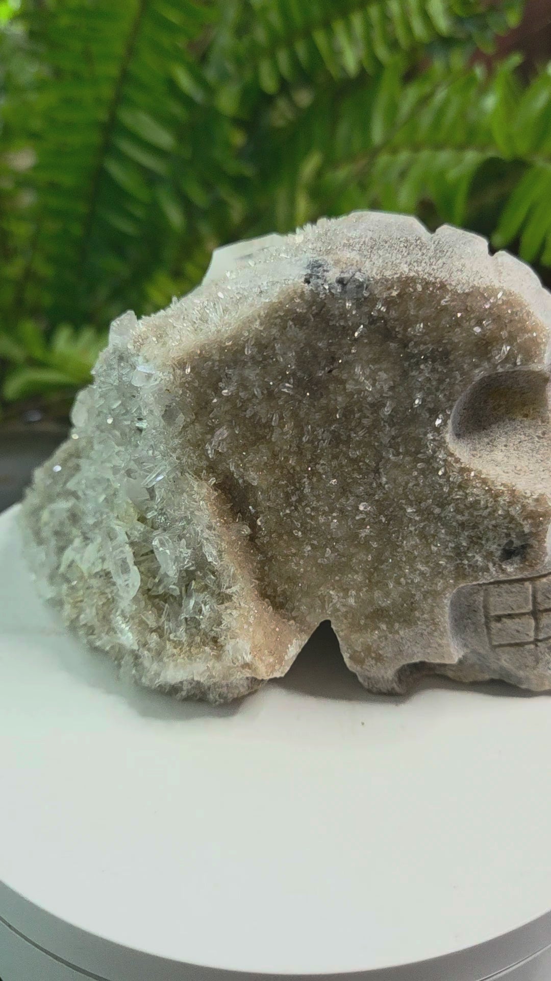 Druzy Quartz on Sphalerite hand-carved crystal skull - video