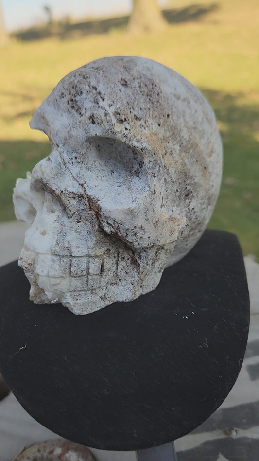 Natural Crystal Skull Carving – Unique White & Brown Druzy Quartz  with Sphalerite