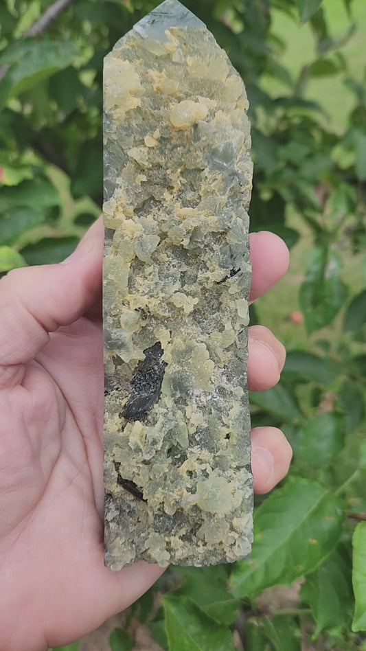 Large Prehnite Tower with Black Tourmaline inclusions - Calming and Protective