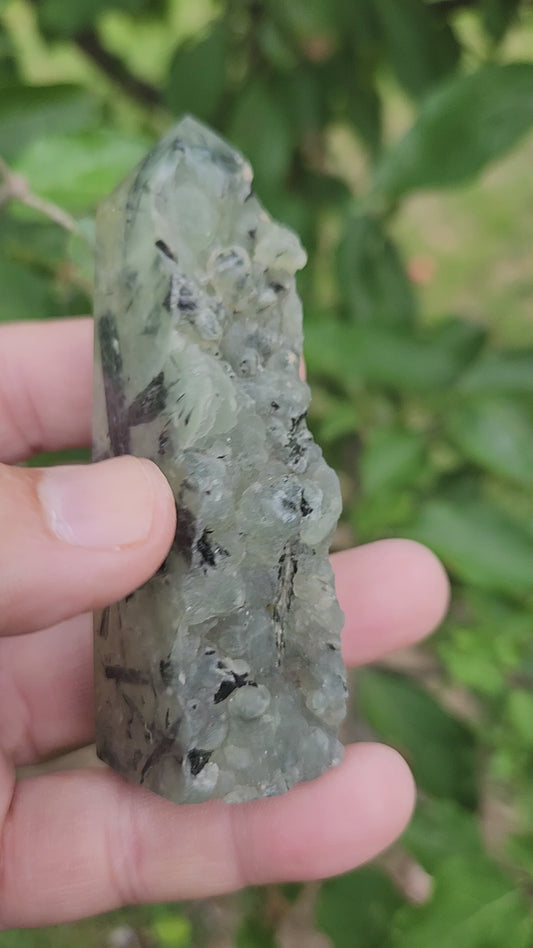 Prehnite Tower with Tourmaline Inclusions - Calming and Protective Energy