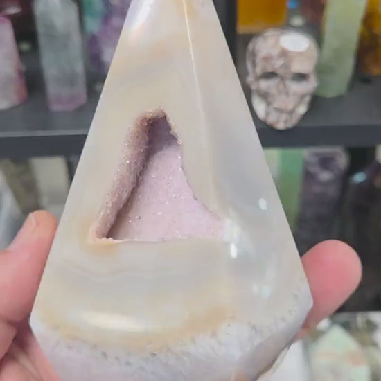 Cream agate geode tower with pale pink druzy window