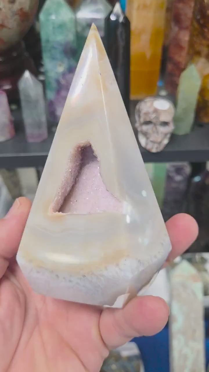Cream agate geode tower with pale pink druzy window