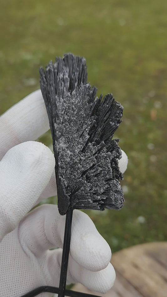 Black Kyanite Fan Crystal Cluster on Metal Stand – Natural Bladed Specimen for Protection, Cleansing & Home Décor