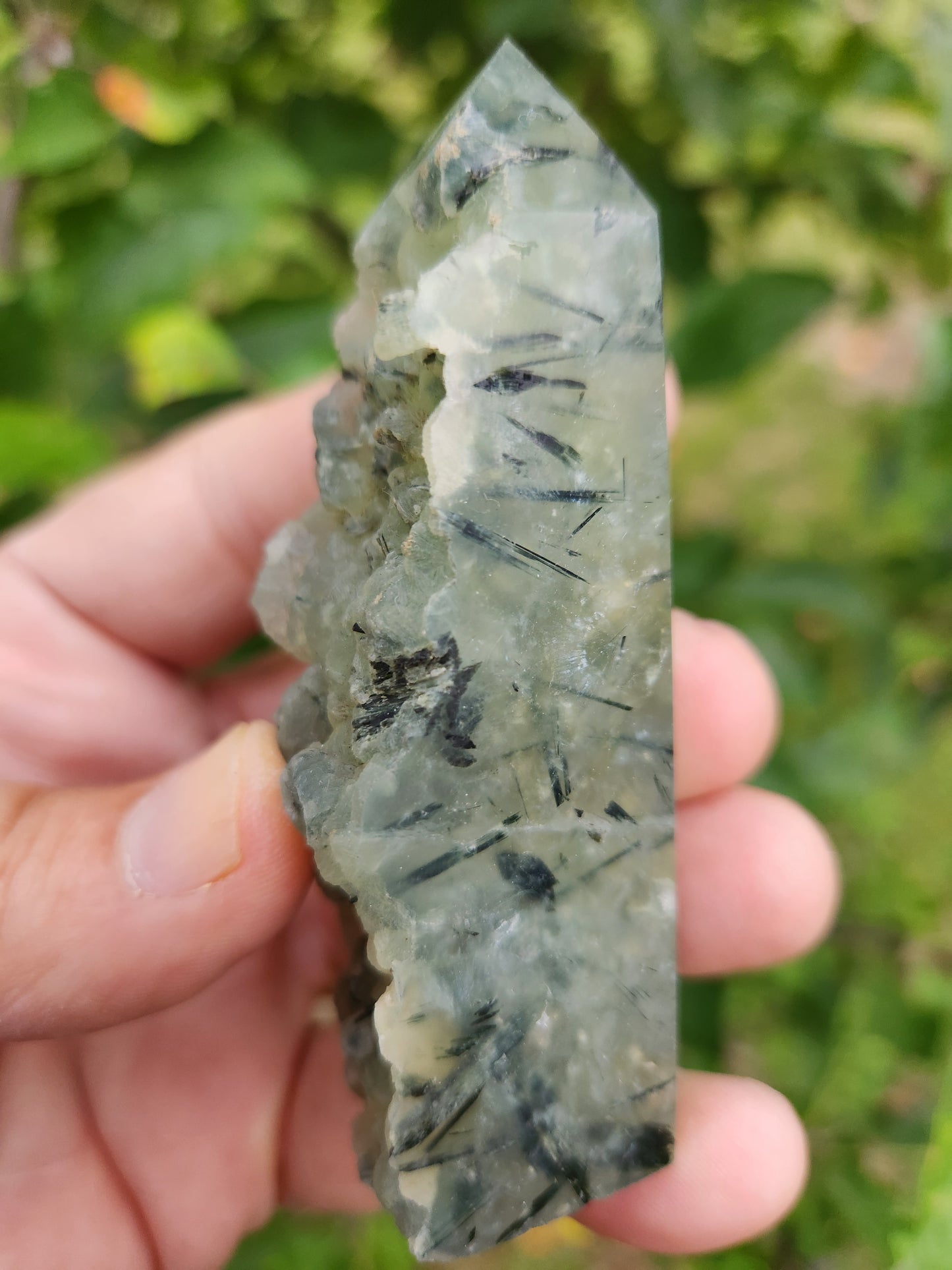 Prehnite Tower with Tourmaline Inclusions - Calming and Protective Energy