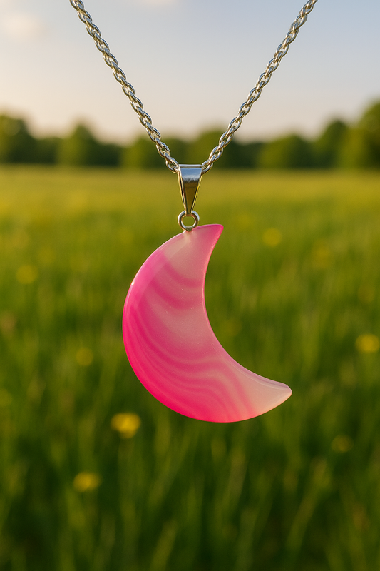 Pink Agate Crescent Moon Pendant Necklace – Healing Crystal Jewelry, Spiritual Balance, Boho Celestial Gift for Her