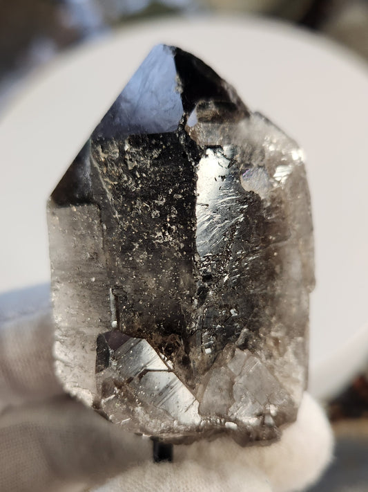 Double Point Smoky Quartz Crystal on Metal Stand | Natural Smoky Quartz Cluster | Home Décor Display