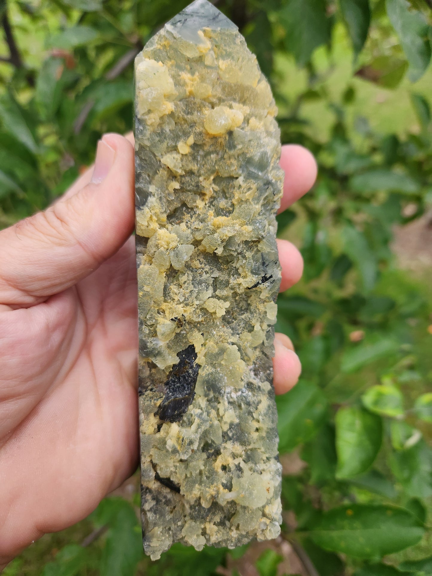 Large Prehnite Tower with Black Tourmaline inclusions - Calming and Protective