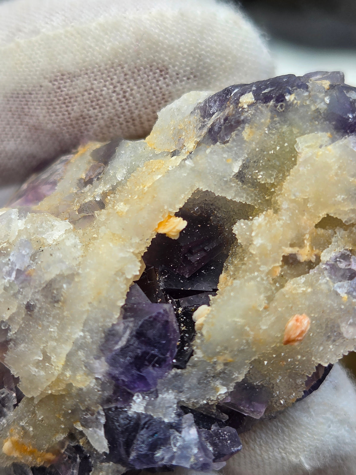 Purple Fluorite Crystal Cluster on Sugar Calcite | Natural Violet Calcite