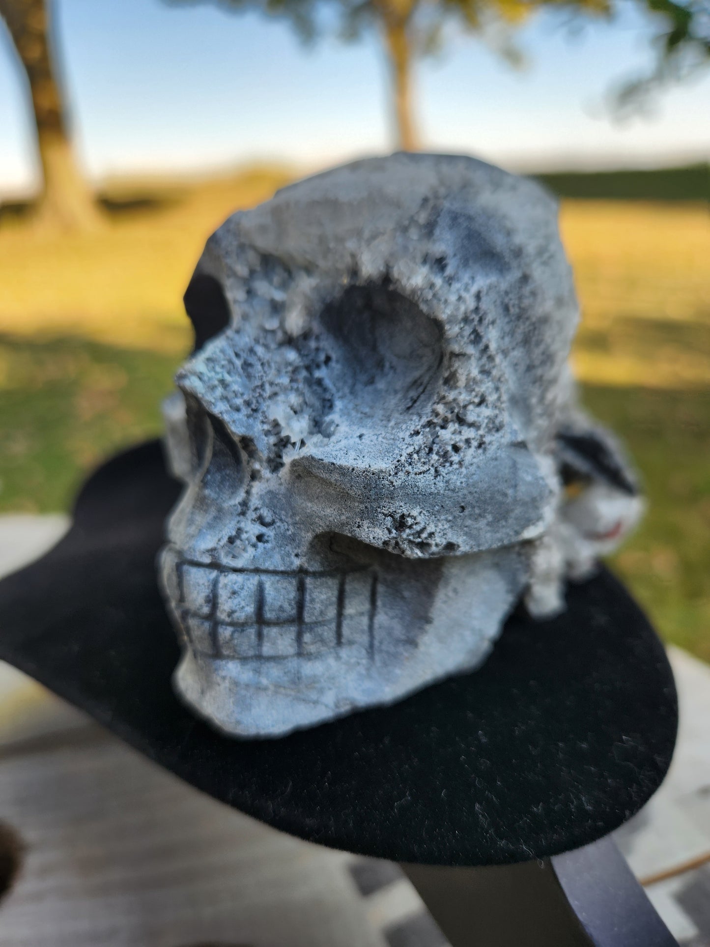 Hand-Carved Quartz Crystal Skull with Druzy Cluster – Unique Tribal Skull, Healing Stone, Spiritual Décor, Gothic Gift.