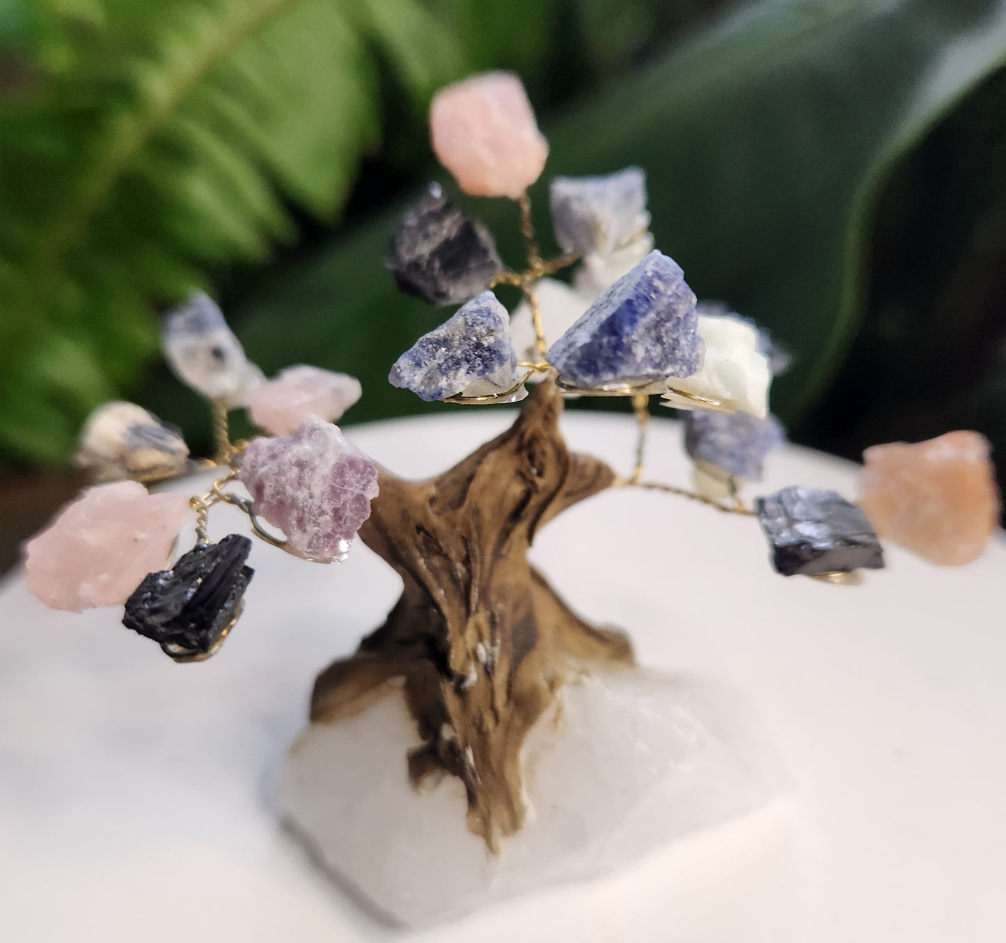 Mixed Gemstone Crystal Tree on Quartz Base | Rose Quartz, Sodalite & Black Tourmaline Healing Decor