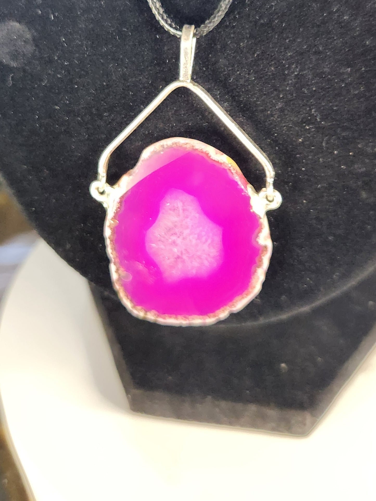Pink Agate Slice Necklace, Dyed Agate Druzy Pendant, Natural Agate Slab Crystal Jewelry, Boho Stone Necklace