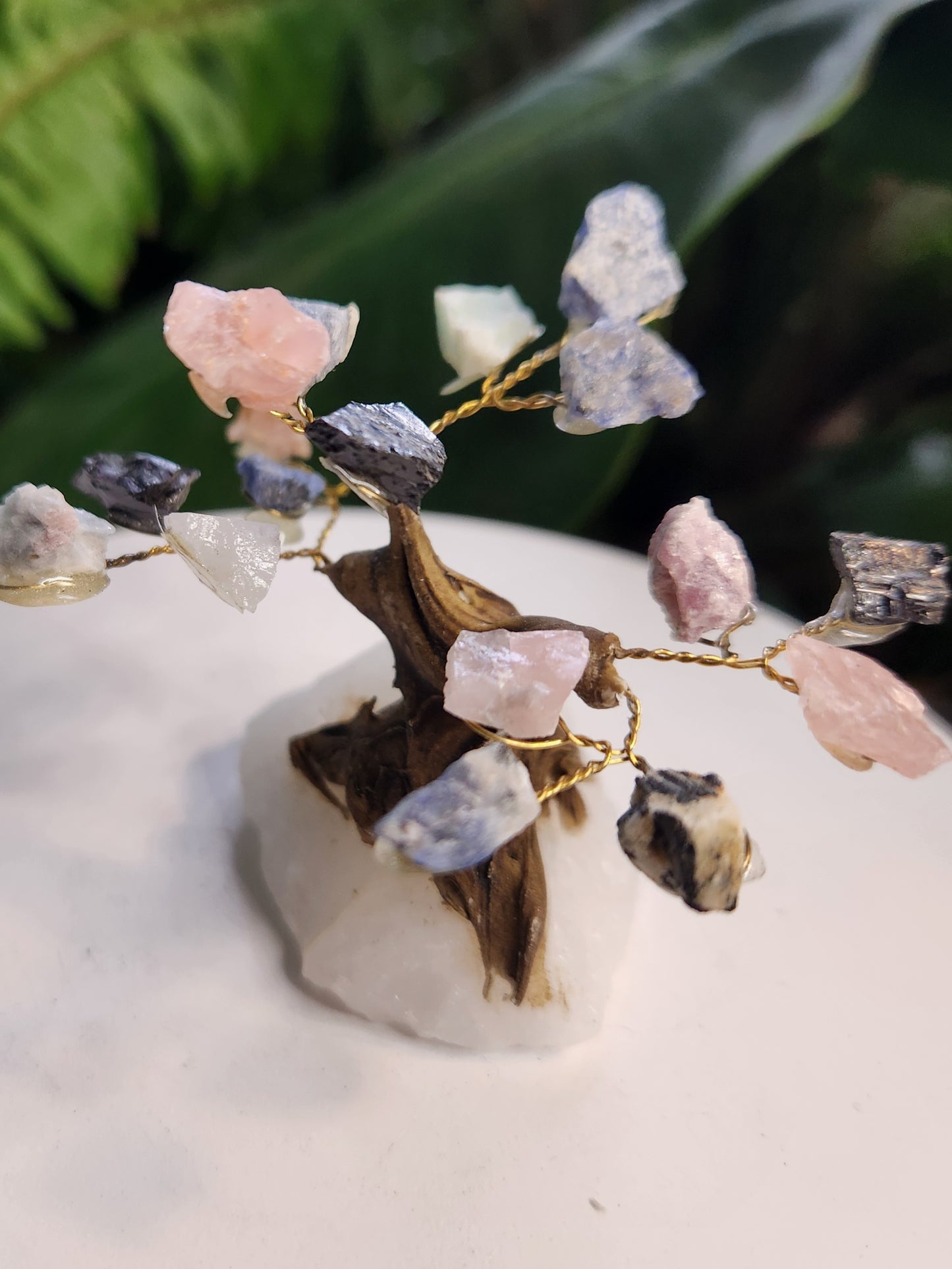 Mixed Gemstone Crystal Tree on Quartz Base | Rose Quartz, Sodalite & Black Tourmaline Healing Decor