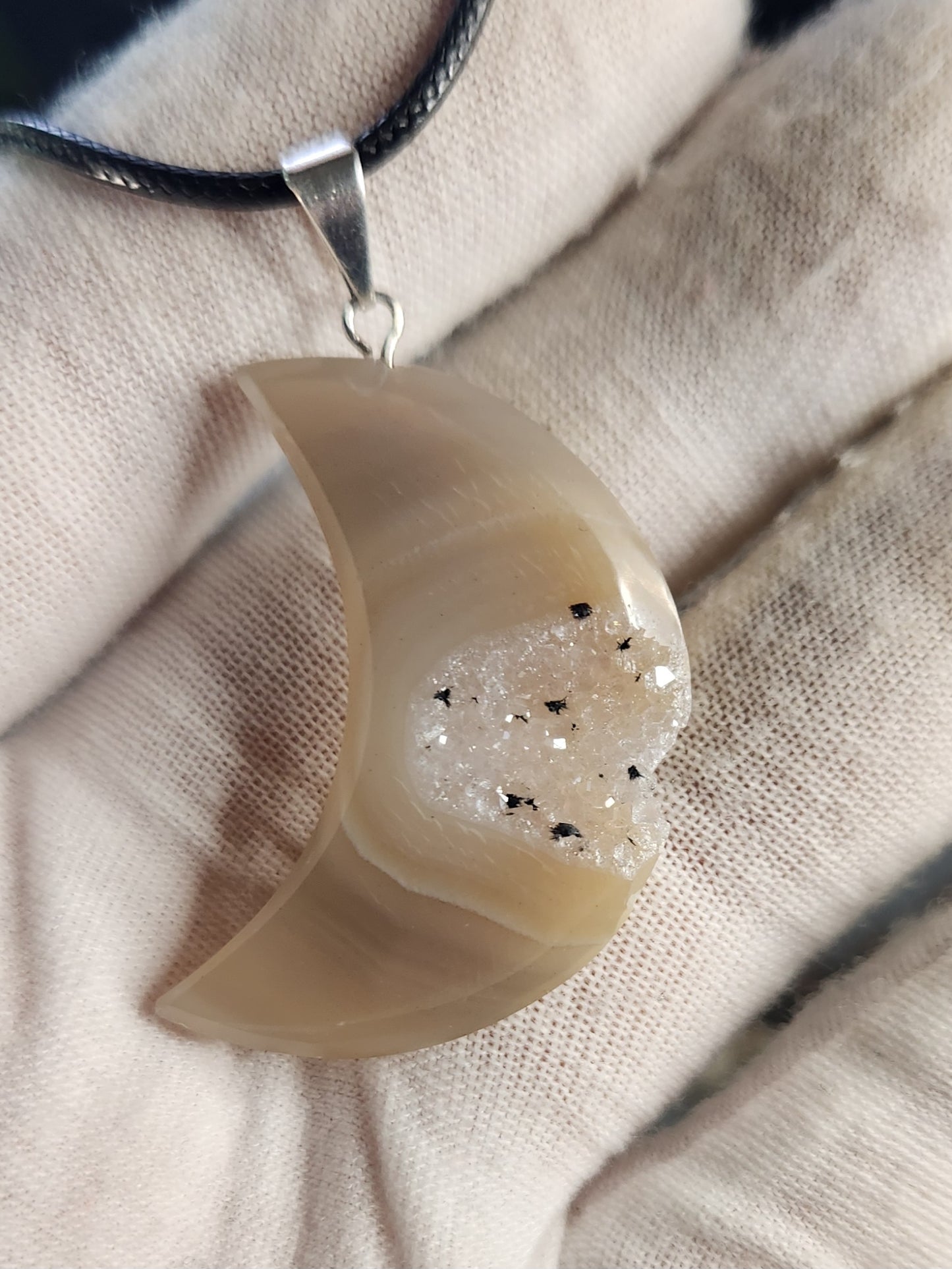 Druzy Agate Moon Crystal Pendant | Natural Chalcedony Geode Necklace | Crescent Moon Stone Jewelry | Healing Protection Crystal