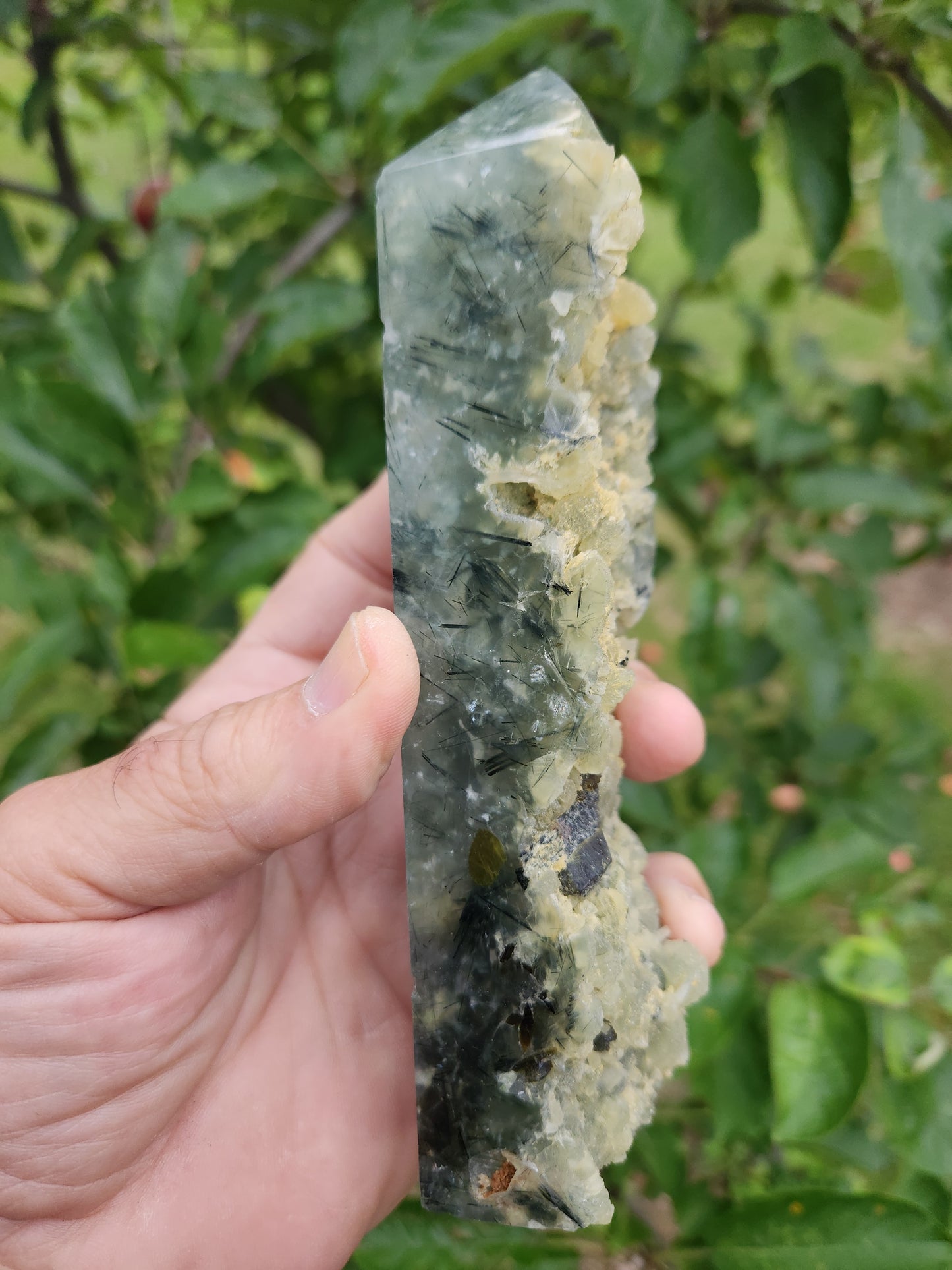 Large Prehnite Tower with Black Tourmaline inclusions - Calming and Protective