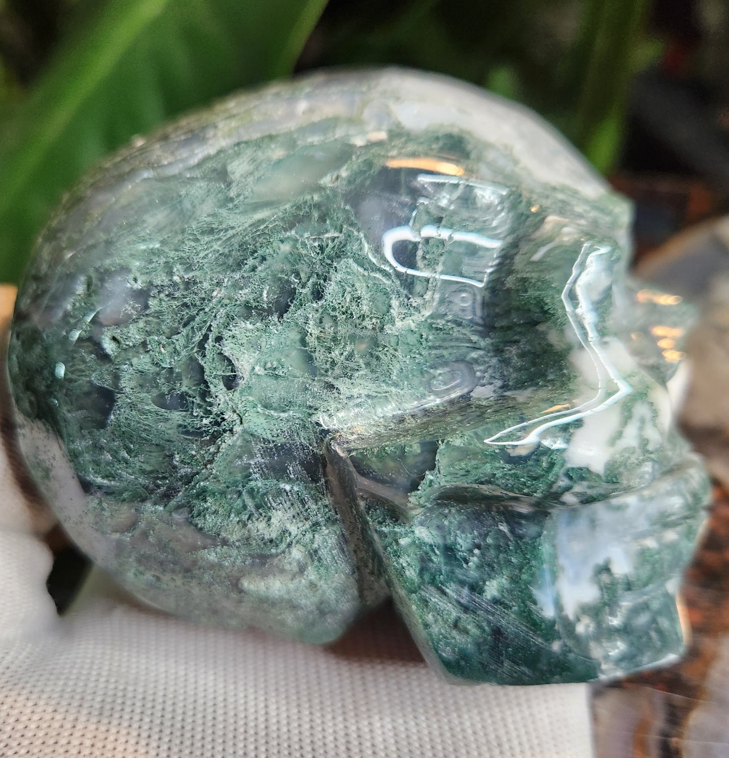 Hand-Carved Moss Agate Skull | Natural Green Chalcedony Crystal Skull | Grounding & Earth Energy Stone