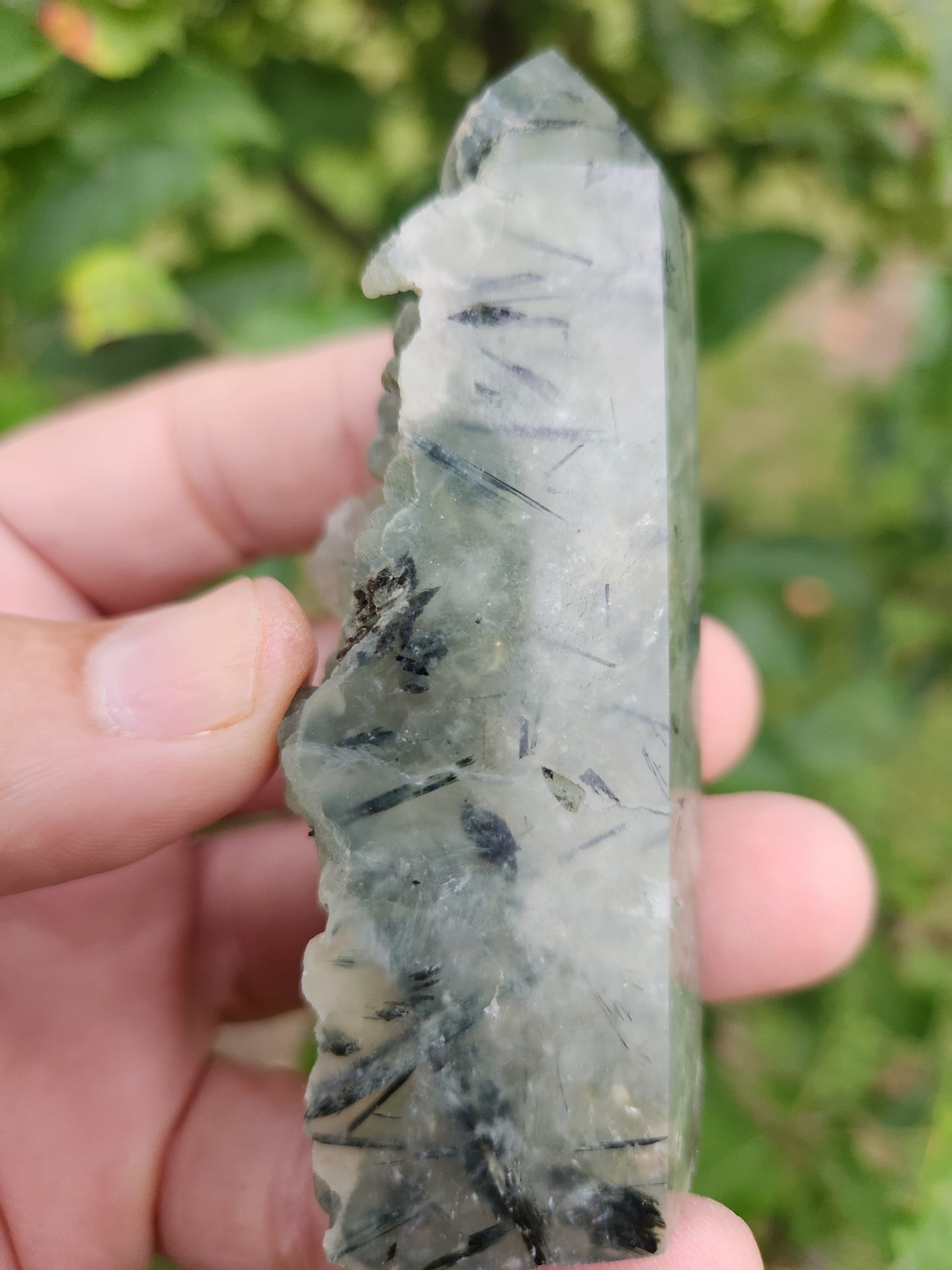 Prehnite Tower with Tourmaline Inclusions - Calming and Protective Energy