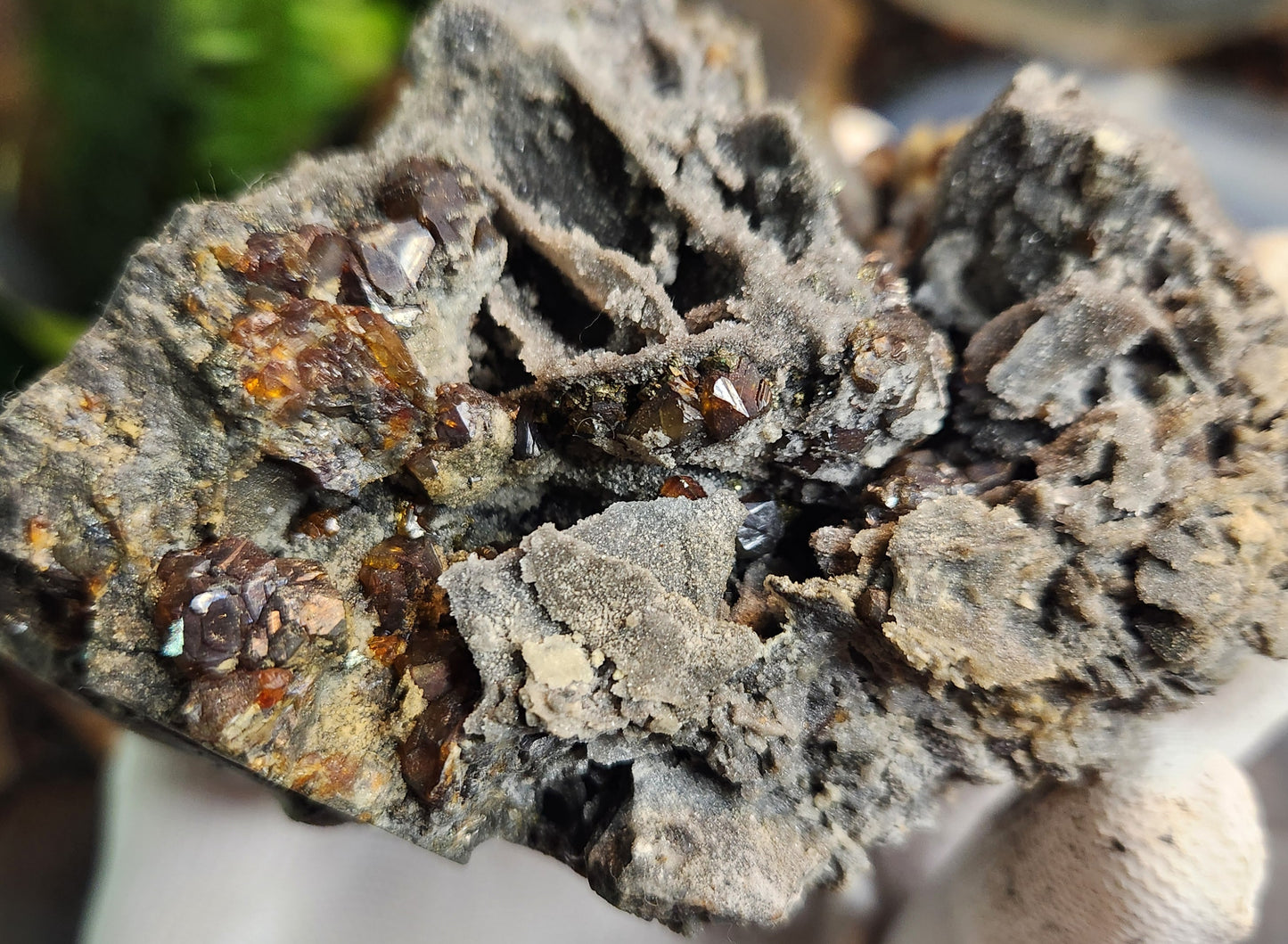 Sphalerite with Garnet Crystals on Matrix – Grounding Zinc Sulfide Mineral with Manifestation Energy