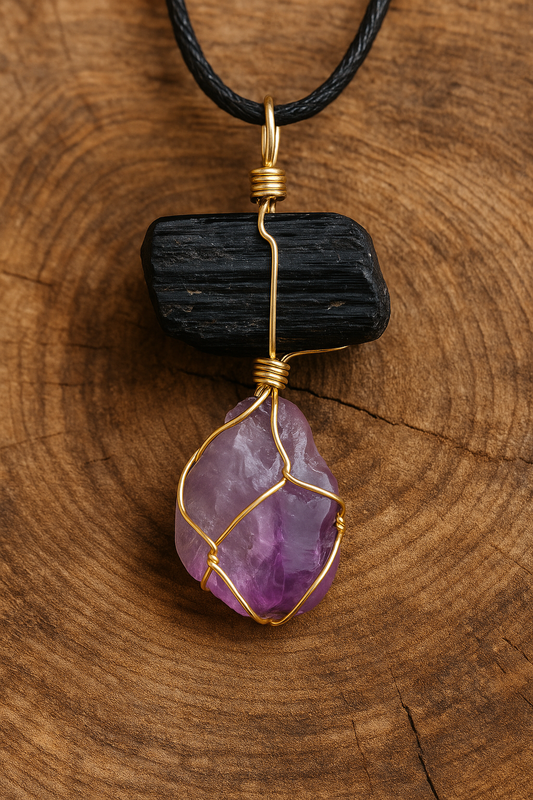 Black Tourmaline & Amethyst Wire Wrapped Pendant – Natural Healing Crystal Necklace for Protection  Spiritual Balance