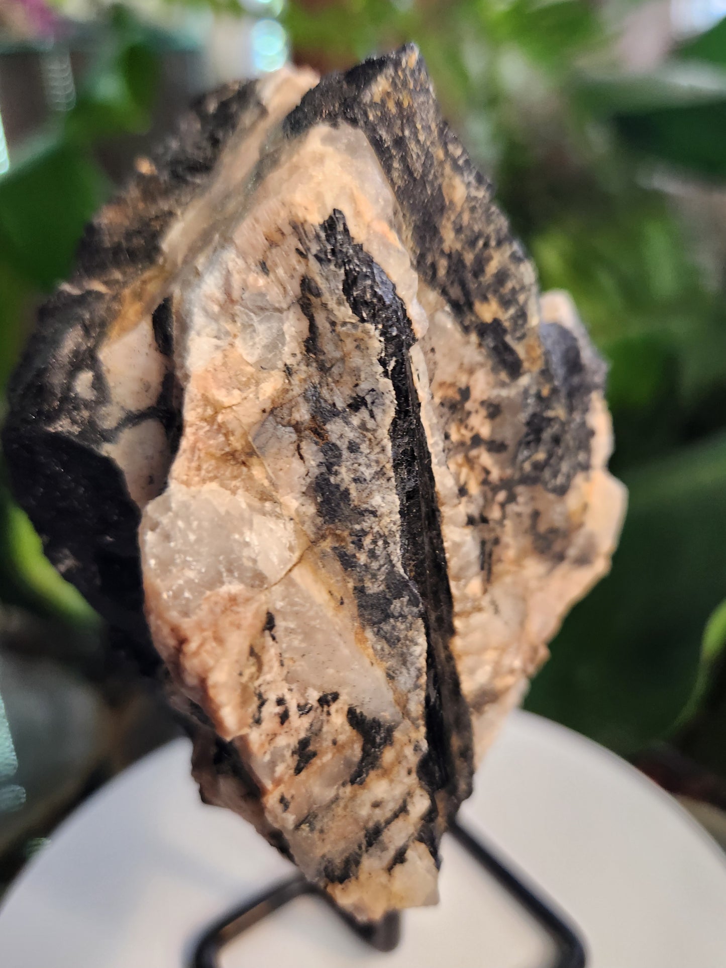 Large Natural Black Tourmaline (Schorl) in Calcite – Raw Tourmaline Crystal Matrix on metal stand