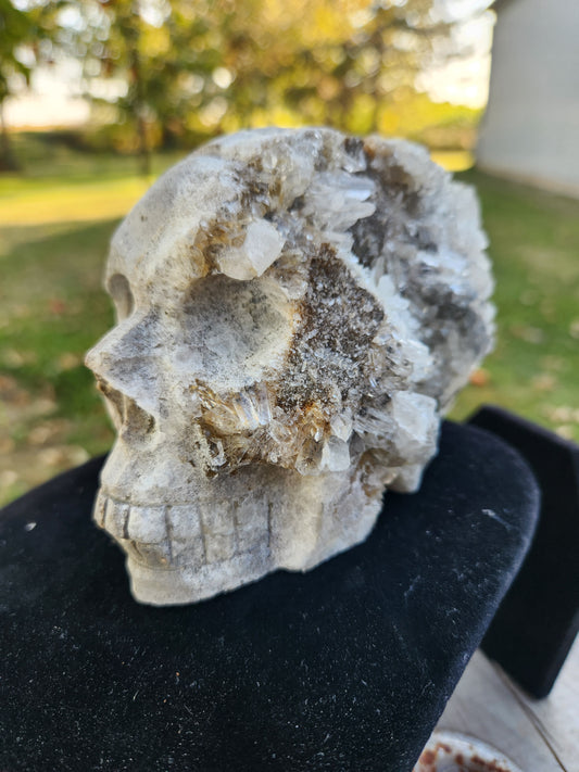 Large White & Brown Druzy Quartz Crystal Skull – Hand-Carved with Raw Crystal Cluster Back
