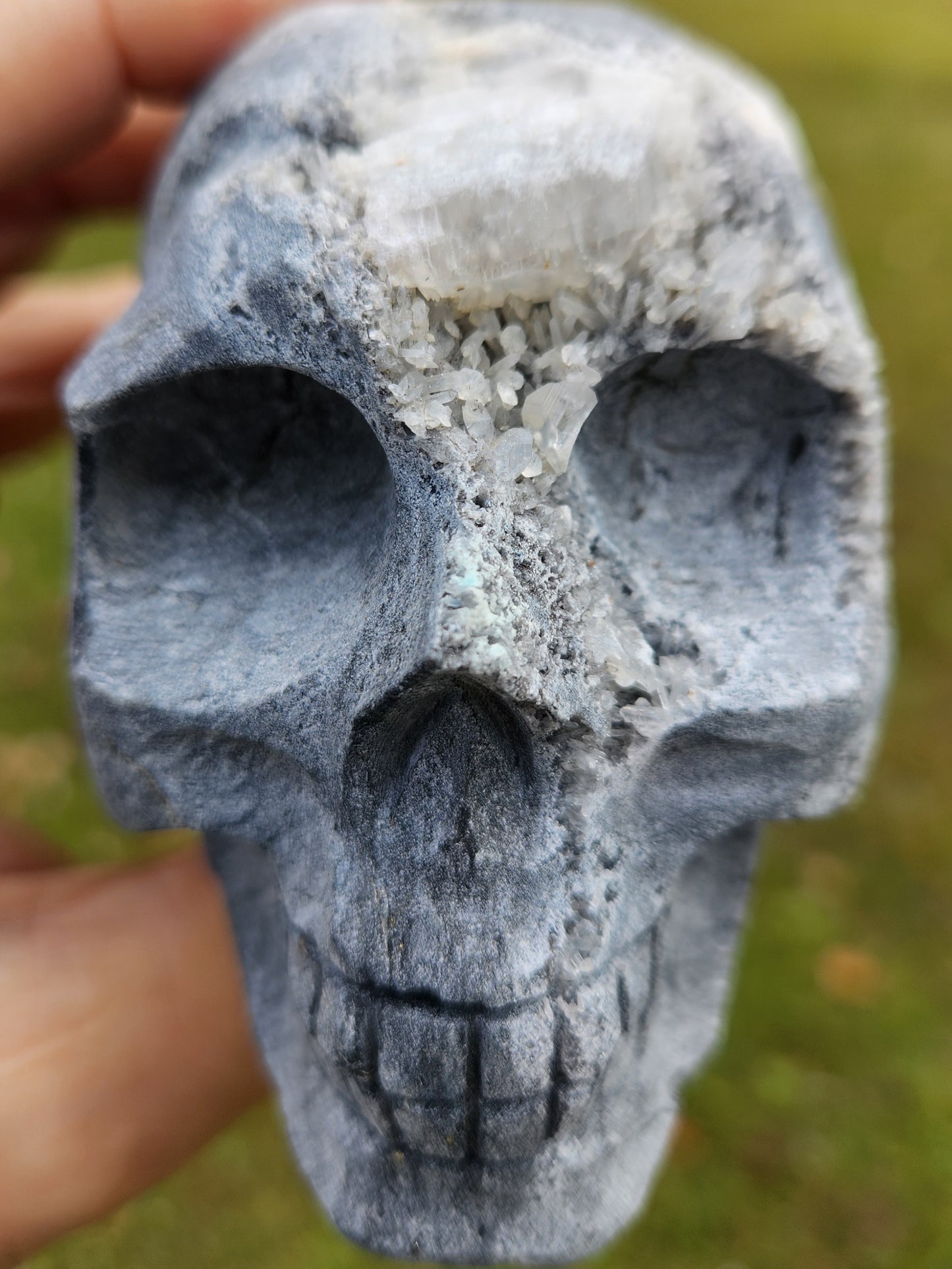 Hand-Carved Quartz Crystal Skull with Druzy Cluster – Unique Tribal Skull, Healing Stone, Spiritual Décor, Gothic Gift.