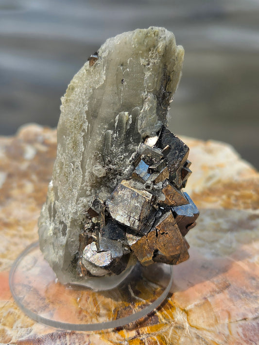 Arsenopyrite on Quartz Crystal Cluster with Display Stand