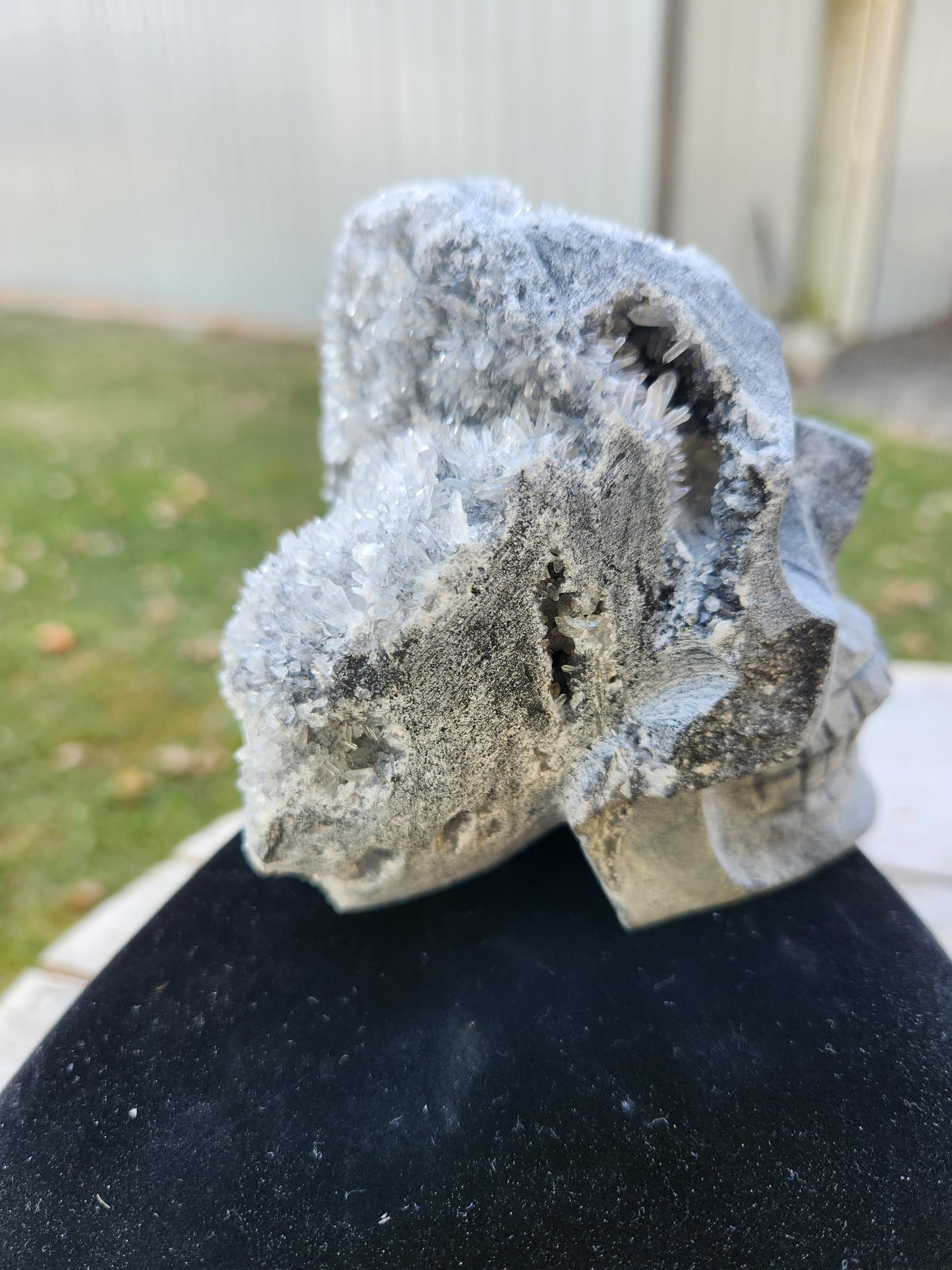 Black and Gray Druzy Quartz Crystal Skull – Unique Hand-Carved Crystal Art
