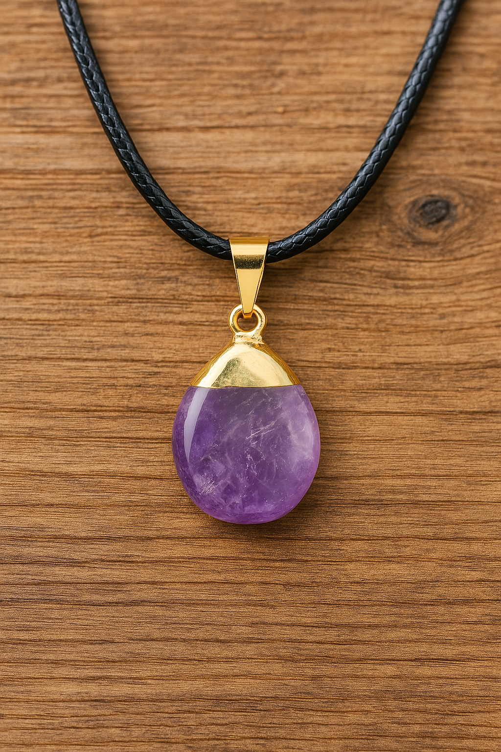 Genuine Natural Polished Amethyst Pendant Necklace - Adjustable