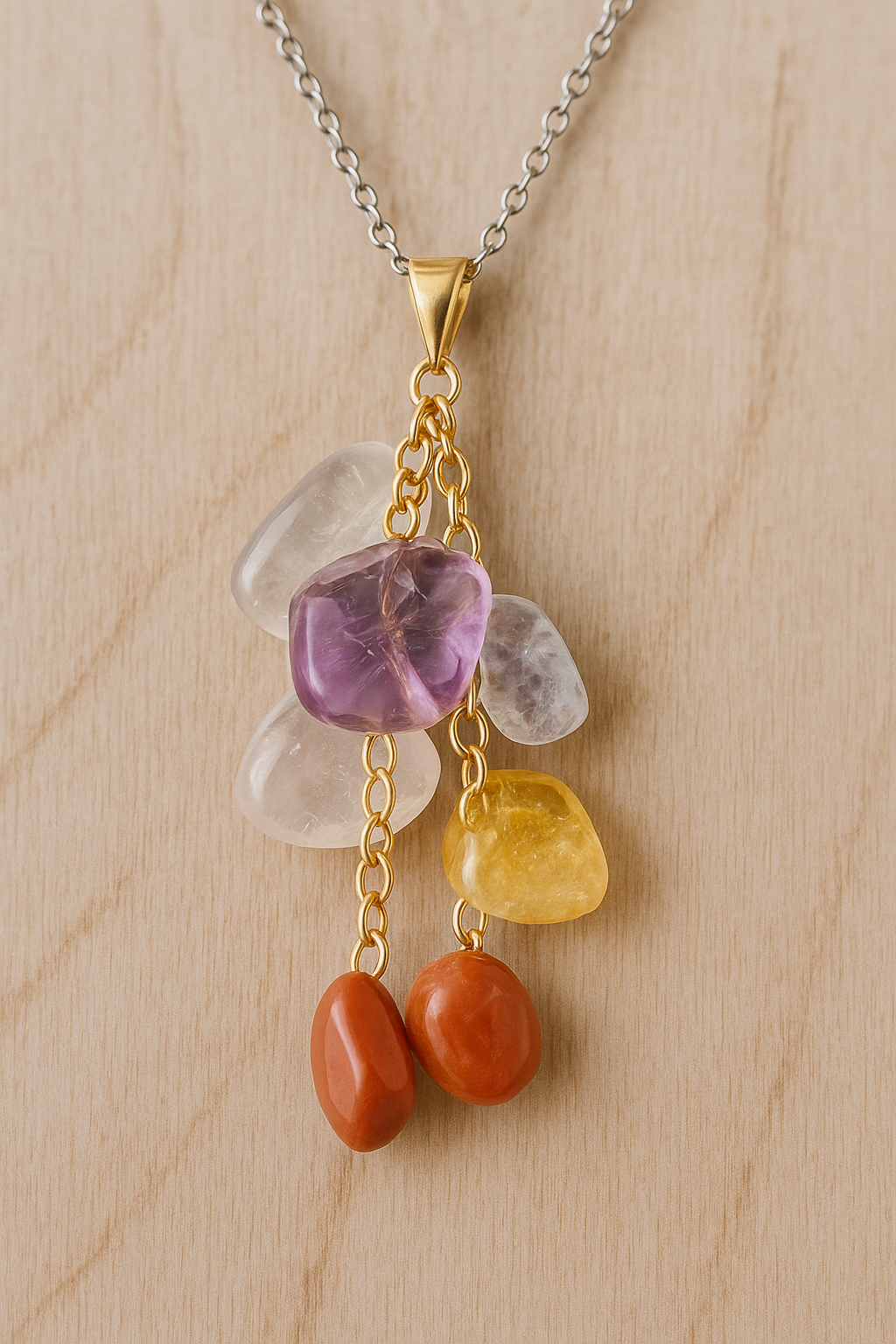 Chakra Crystal Pendant Necklace – Healing Stone Jewelry with Amethyst, Citrine, Carnelian, Clear Quartz & Rose Quartz – Spiritual Gift for Balance & Energy