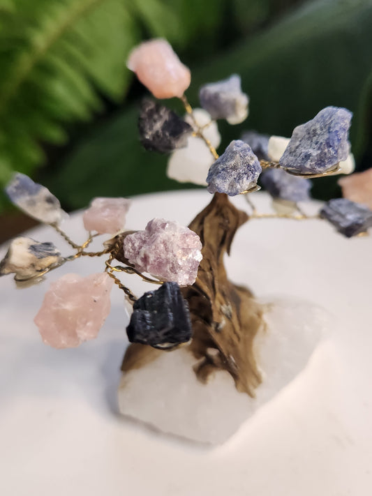 Mixed Gemstone Crystal Tree on Quartz Base | Rose Quartz, Sodalite & Black Tourmaline Healing Decor