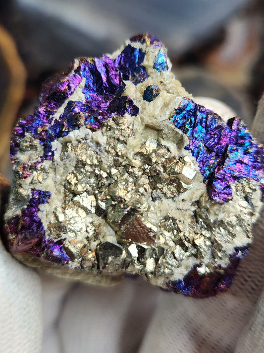 Peacock Ore (Bornite & Chalcopyrite) with Pyrite on Calcite | Iridescent Collector Mineral