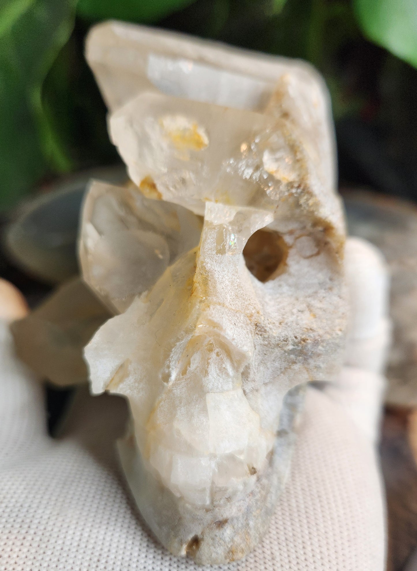 Stunning Hand-Carved Quartz Skull with Druzy & Natural Crystal Formations