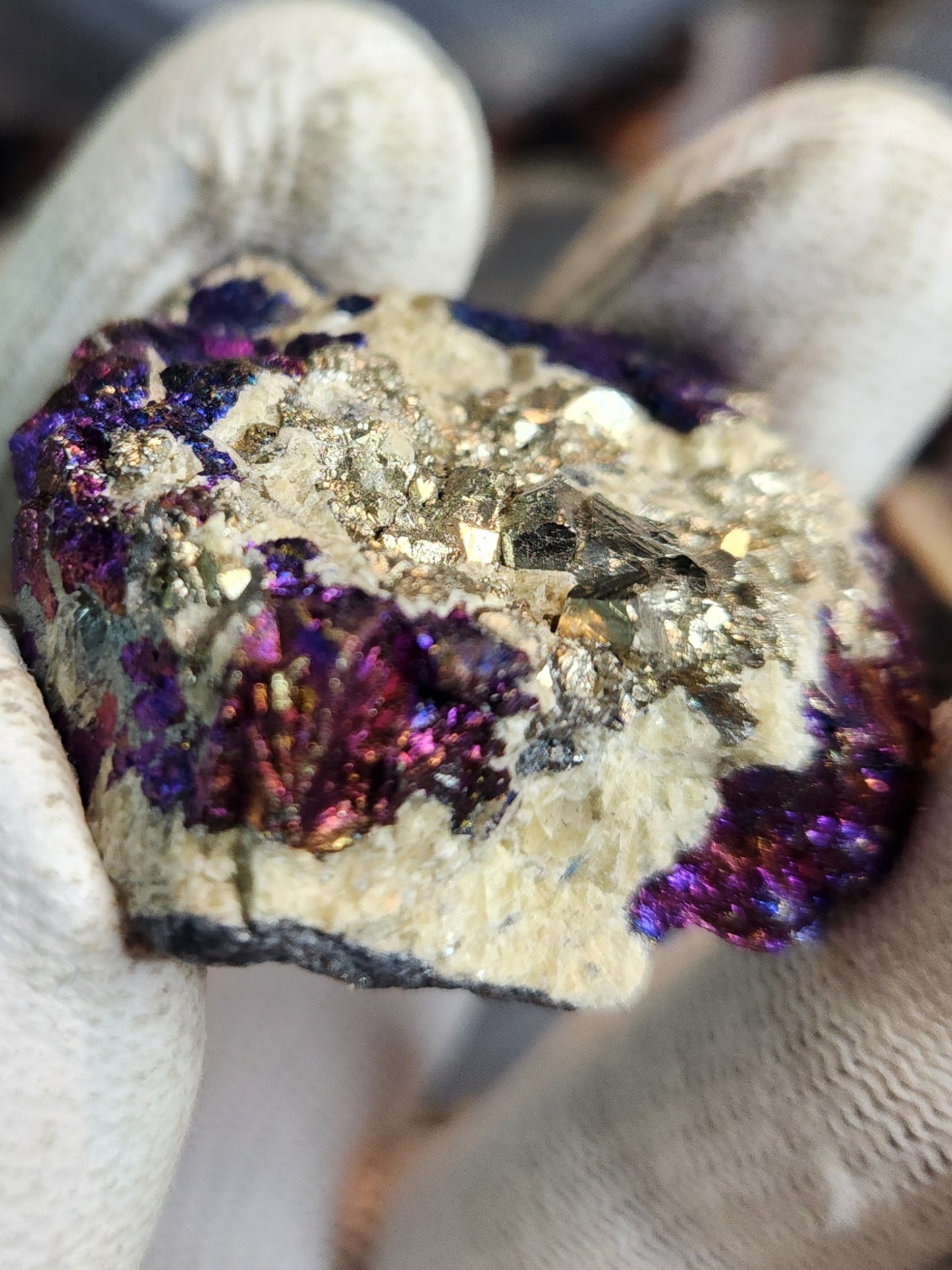 Peacock Ore (Bornite & Chalcopyrite) with Pyrite on Calcite | Iridescent Collector Mineral
