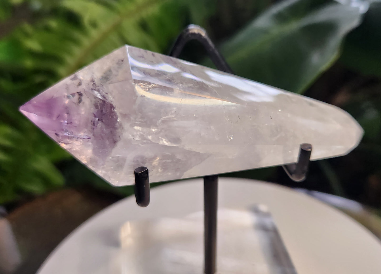 Natural Clear Quartz with Amethyst Crystal Point with Inclusions – Polished Amethyst Generator